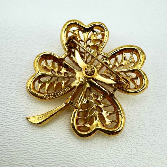 🟢 5/$20 VTG Gerry’s Gold 4-Leaf Clover Brooch Pearl SIGNED Pin Boho Four Leaf - Picture 5 of 13